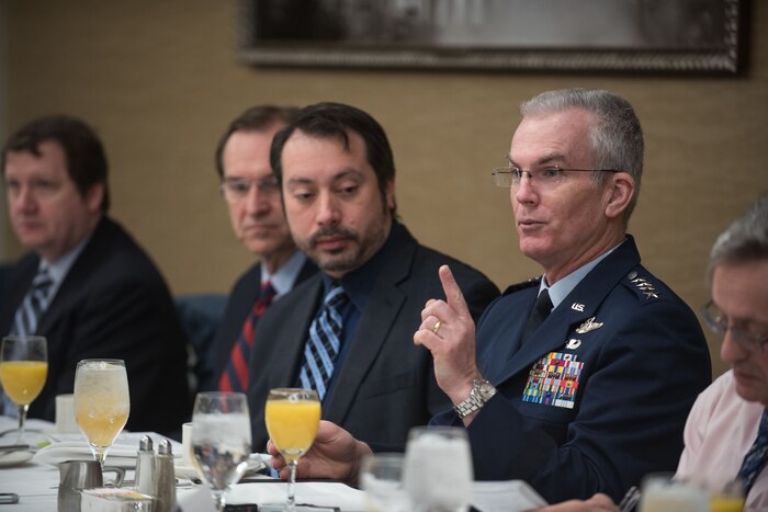 Vice chairman of the Joint Chiefs of Staff makes a point during discussion with reporters.