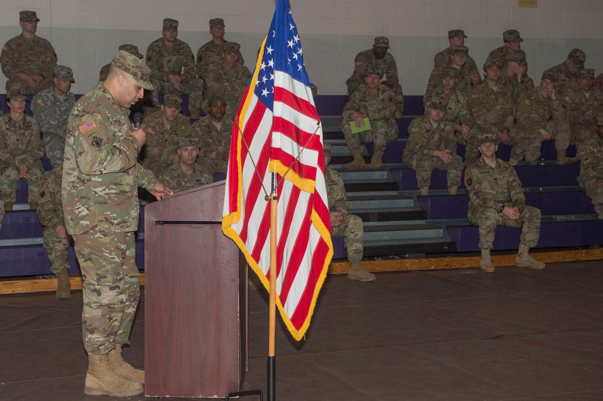 U.S. Army Lt. Col Perry Stiemke, commander 92nd Engineer Battalion, 20th Engineer Brigade, speaks during a deployment ceremony at Joint Base Langley-Eustis, Va., Jan. 24, 2018. The 74th Dive Detachment conducted several field training exercises and small diving missions to prepare for an upcoming deployment in support of Operation Spartan Shield. (U.S. Air Force photo by Senior Airman Derek Seifert)