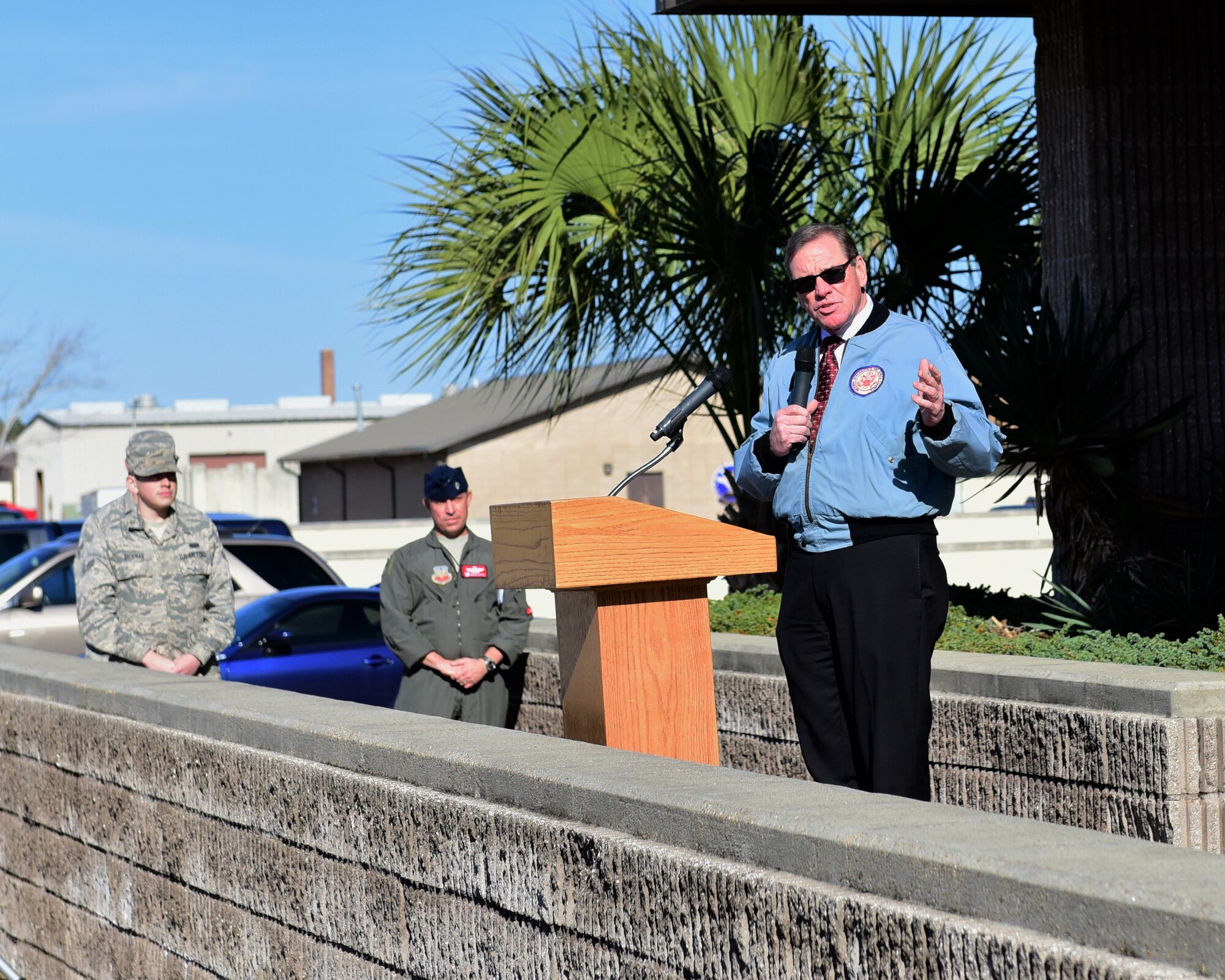 U.S. Rep. Neal Dunn, M.D., speaks during the Tyndall Enterprise Live Mission Operation Center's renaming celebration at Tyndall Air Force Base, Fla., Jan. 23, 2018. The TELMOC, previously named Air Combat Maneuvering Instrumentation, also celebrated its 40-year anniversary. (U.S. Air Force photo Senior Airman Cody R. Miller/Released)