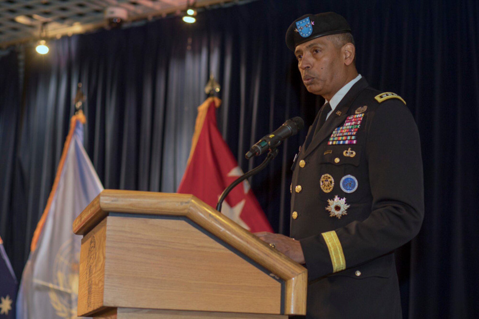 U.S. Army General Vincent K. Brooks, United Nations Command, Combined Forces Command and U.S. Forces Korea commanding general, gives a speech during the United Nations Command (Rear) change of command ceremony