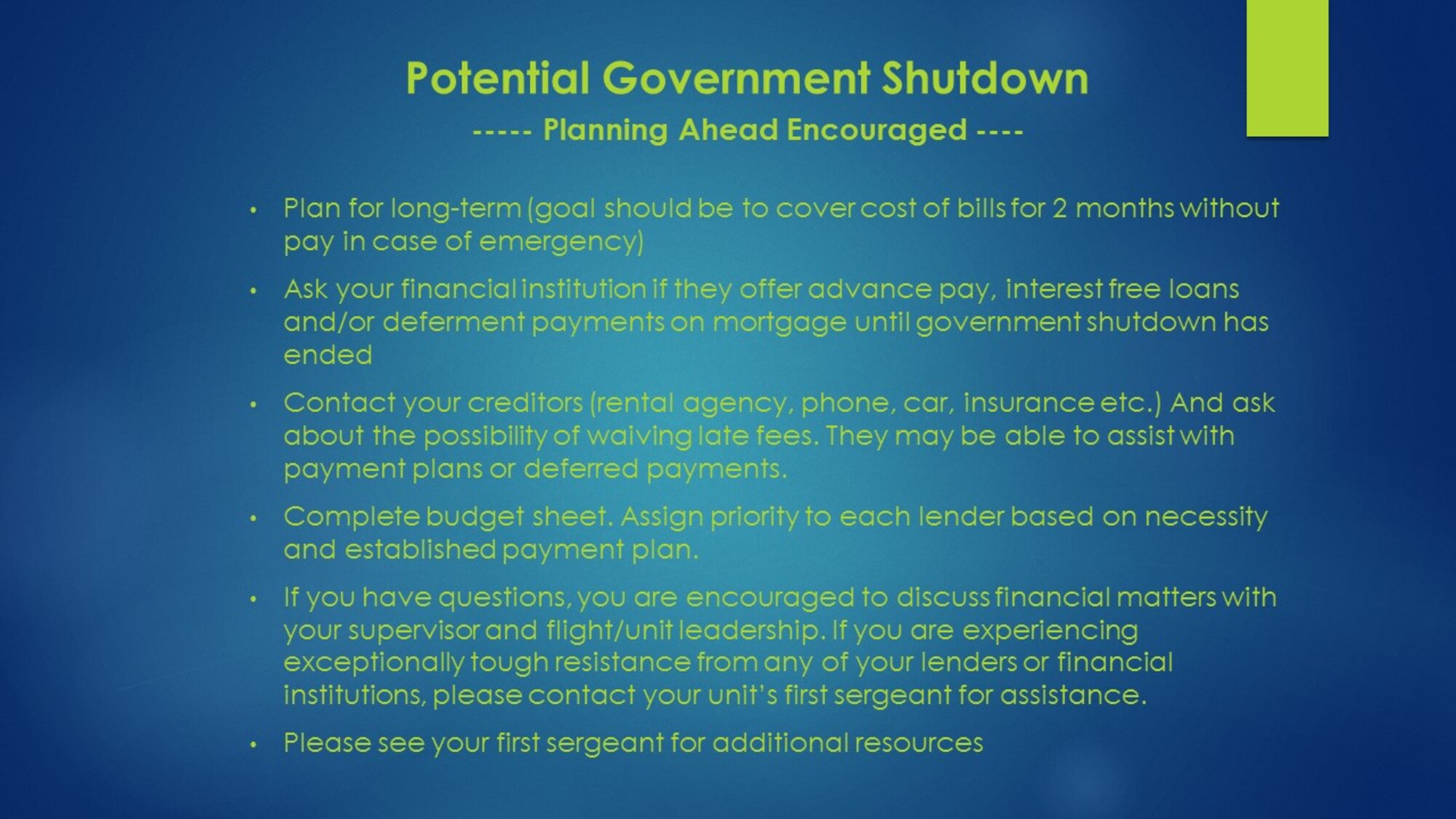 Potentential Government Shutdown - Planning encouraged