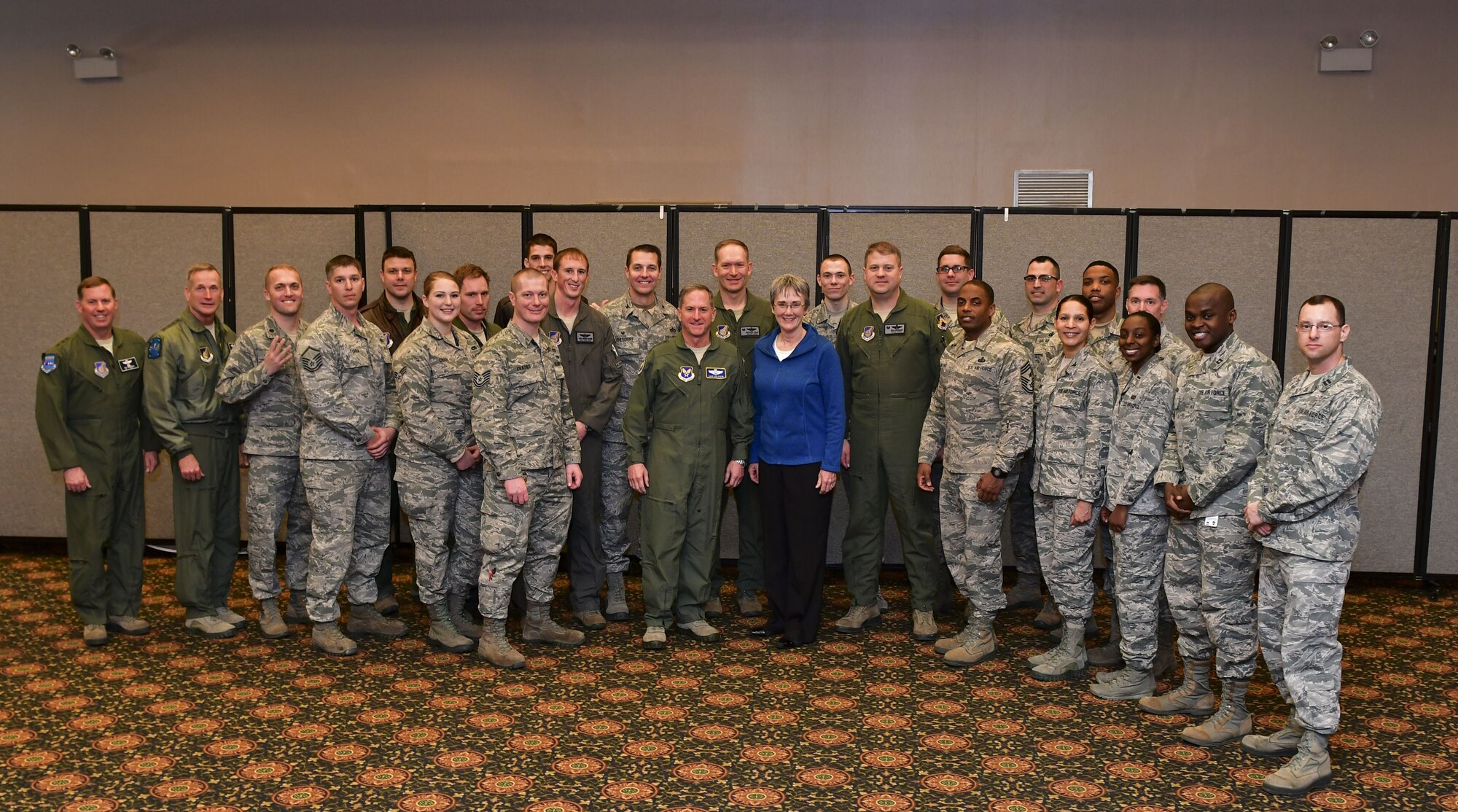 Secretary of the Air Force Heather Wilson and Air Force Chief of Staff Gen. David L. Goldfein pose for a group photo with Airmen and senior leadership from the 8th Fighter Wing at Osan Air Base, Republic of Korea, January 29, 2018. Members of the Wolf Pack were recognized as superior performers by Wilson and Goldfein and briefed the senior leaders on the specific mission sets in their respective fields. (U.S. Air Force photo by Staff Sgt. Franklin R. Ramos)