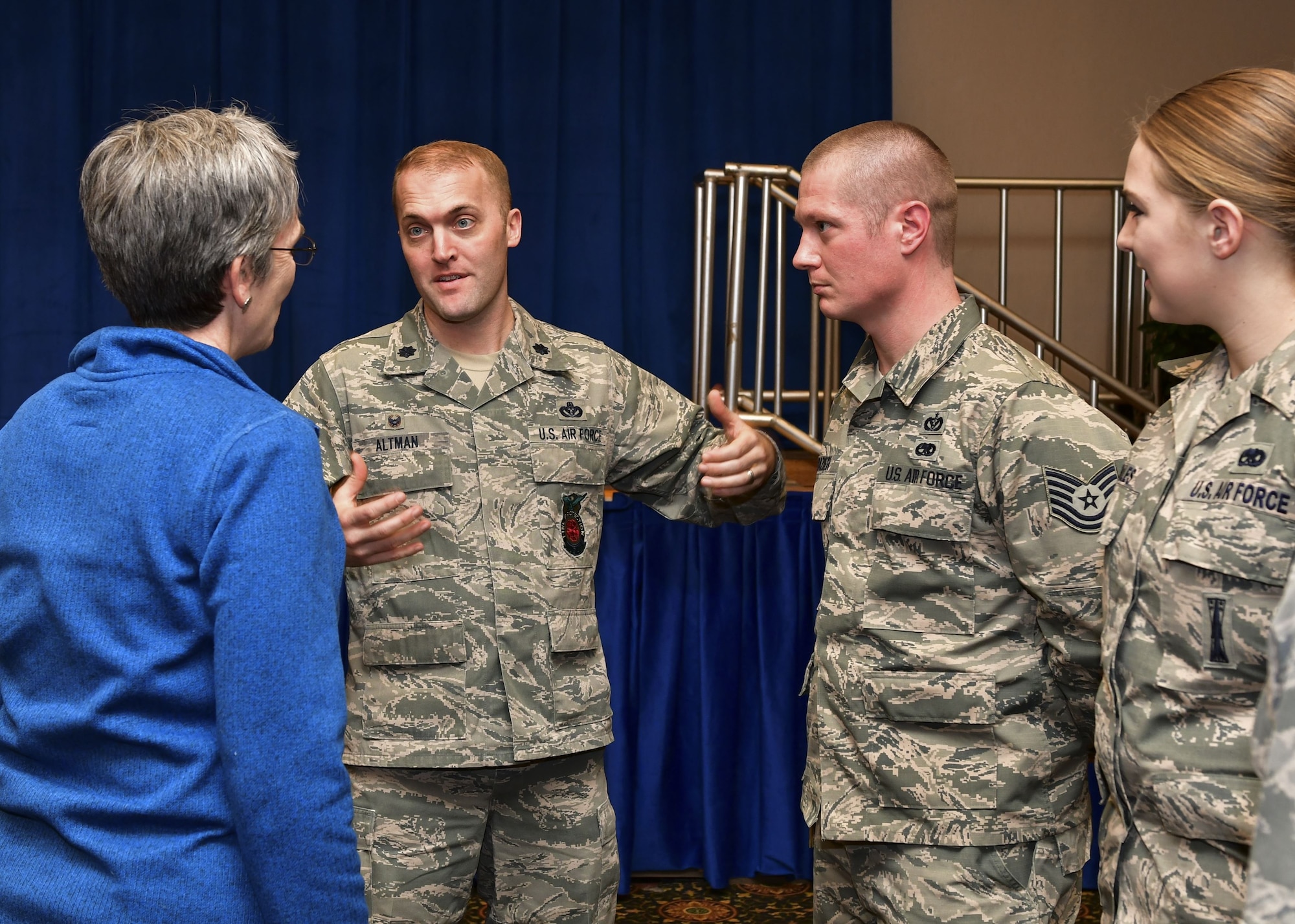 Lt. Col. Matthew "Devil" Altman, 8th Civil Engineering Squadron, speaks to the accomplishments of his troop, Tech. Sgt. Adam Frazier, with Secretary of the Air Force Heather Wilson at Osan Air Base, Republic of Korea, January 29, 2018. Members of the Wolf Pack were recognized as superior performers by Wilson and Goldfein and briefed the senior leaders on the specific mission sets in their respective fields. (U.S. Air Force photo by Staff Sgt. Franklin R. Ramos)