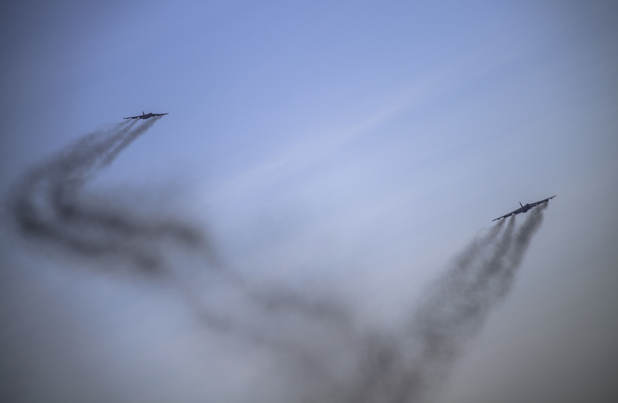 Two B-52 Stratofortress aircraft, assigned to the 5th Bomb Wing, take flight from RAF Fairford, England, en route to their home station at Minot Air Force Base, N.D., on Jan 30, 2018. A total of four bombers deployed to Europe with the purpose to exercise a state of readiness at United States Air Forces in Europe’s forward operating location for strategic bombers. (U.S. Air Force photo by Staff Sgt. Trevor T. McBride)