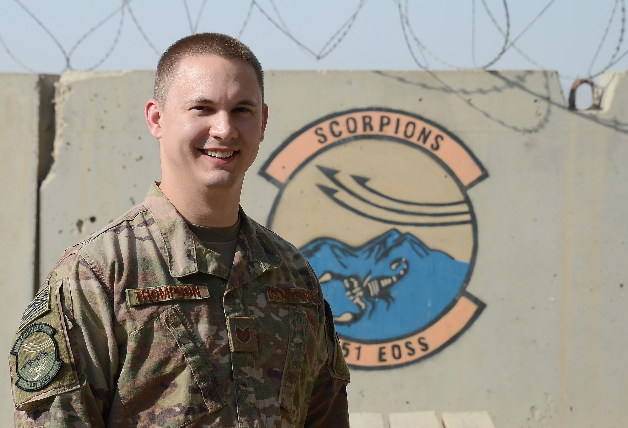 Tech. Sgt. Steven Thompson, 451st Expeditionary Operation Support Squadron command and control operations NCOIC, poses for a photo Jan. 9, 2018 at Kandahar Airfield, Afghanistan.