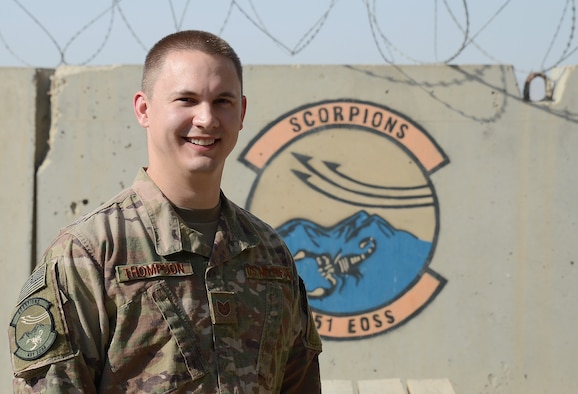 Tech. Sgt. Steven Thompson, 451st Expeditionary Operation Support Squadron command and control operations NCOIC, poses for a photo Jan. 9, 2018 at Kandahar Airfield, Afghanistan.