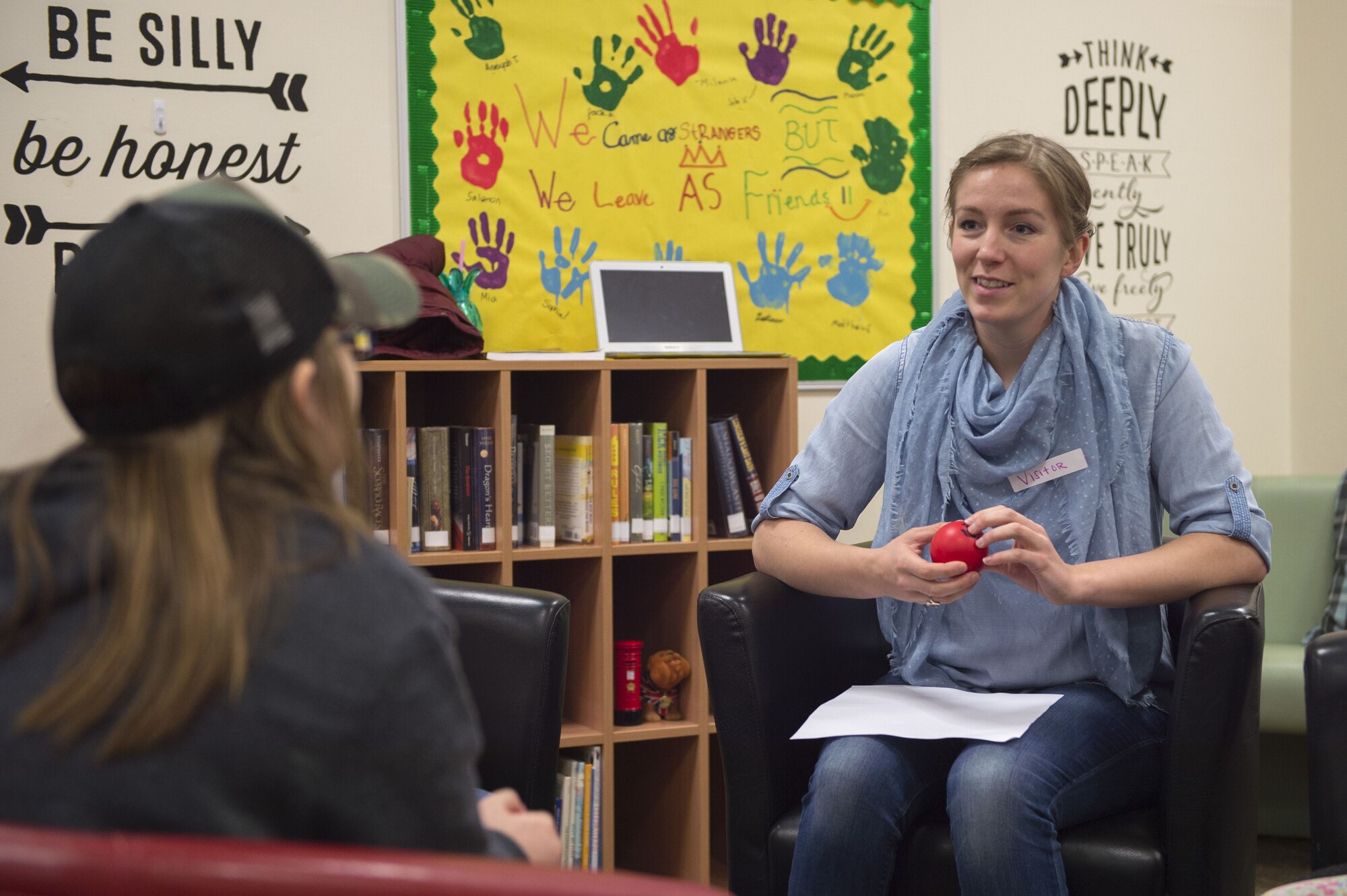 U.S. Air Force Staff Sgt. Brittani McClure, 423rd Medical Squadron technician, speaks to children about stress management at the Youth Center at RAF Alconbury, United Kingdom, Jan. 26, 2018. The coaching session was part of a fitness initiative to increase health in all areas. (U.S. Air Force photo by Senior Airman Chase Sousa)