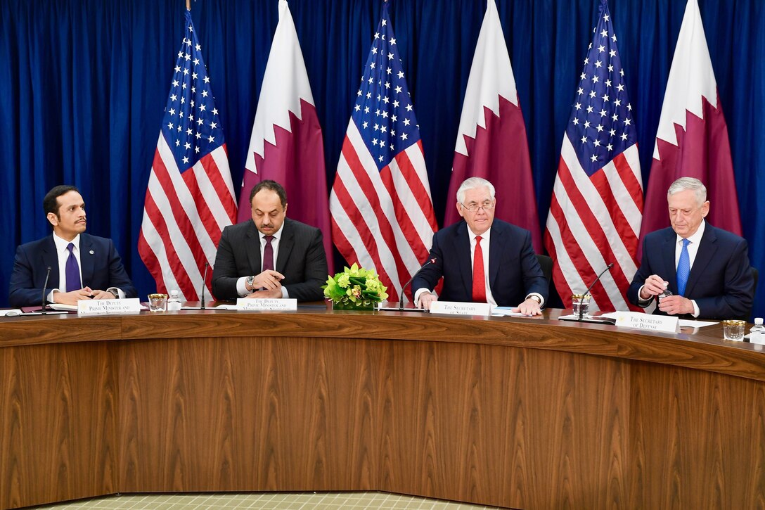 U.S and Qatari leaders speak during a strategic dialogue.