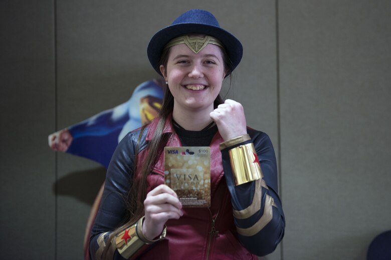 Katrin Saxton, avid comic reader and wonder woman cosplayer, won the Joint Base Elmendorf-Richardson Library 4th Annual Comic Con adult trivia contest and a $100 gift card, Jan. 27, 2018. The event included cosplay, a trivia contest, arts and crafts, and many more activities.
