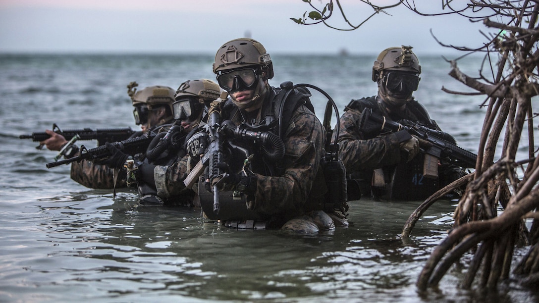 Four Marines standing in waist-deep water by a mangrove tree aim weapons in different directions.