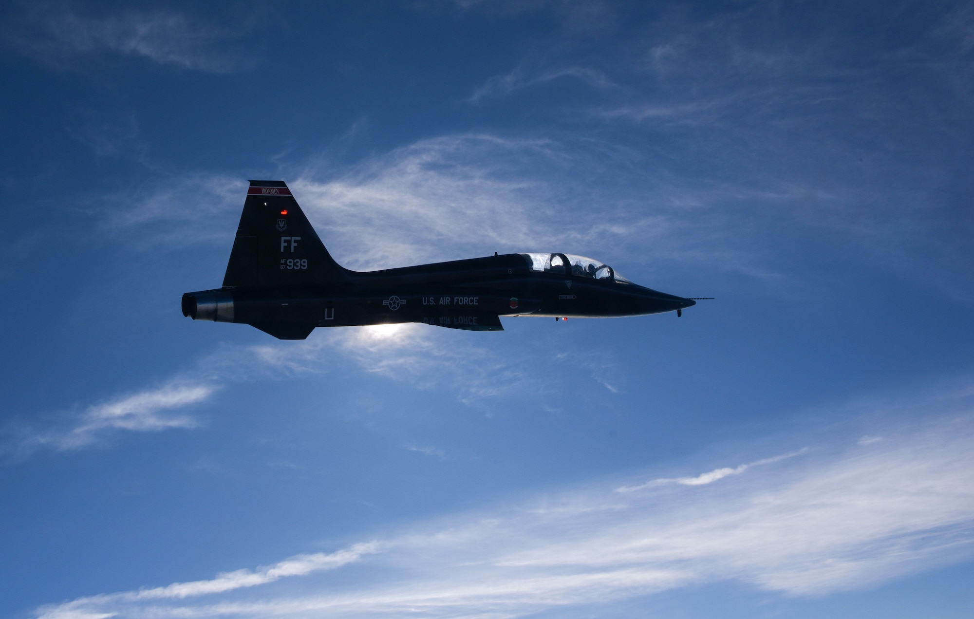 A pilot assigned to the 71st Fighter Training Squadron flies a T-38 Talon over the Atlantic Ocean, Jan. 24, 2018. The two-seat jet has a top speed of 858 miles per hour. As the world's first supersonic trainer, the T-38 first flew in 1959 and continues to be used to this day. (U.S. Air Force Photo by Staff Sgt. Carlin Leslie)