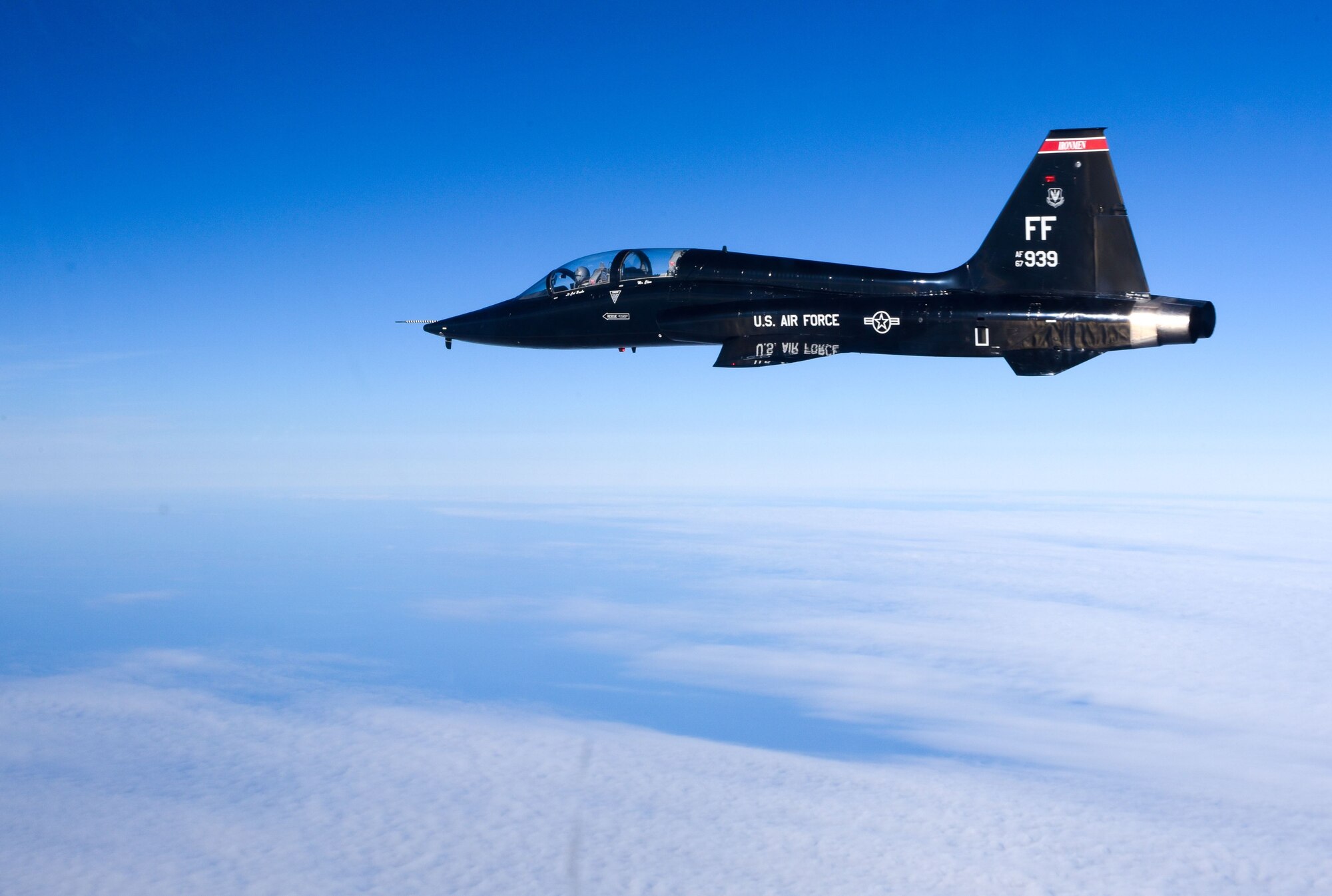 A pilot assigned to the 71st Fighter Training Squadron flies a T-38 Talon over the Atlantic Ocean, Jan. 24, 2018. The T-38 Talon is a twin-engine, high-altitude supersonic pilot trainer aircraft. (U.S. Air Force Photo by Staff Sgt. Carlin Leslie)