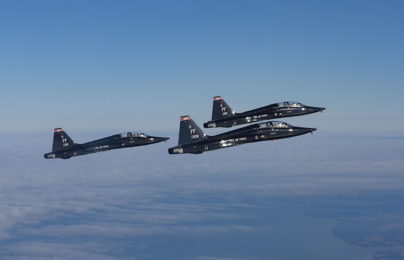 Pilots assigned to the 71st Fighter Training Squadron and the 192nd Fighter Wing fly T-38 Talons over the Atlantic Ocean, Jan. 24, 2018. The two-seat jet has a top speed of 858 miles per hour. As the world's first supersonic trainer, the T-38 first flew in 1959 and continues to be used to this day. (U.S. Air Force Photo by Staff Sgt. Carlin Leslie)