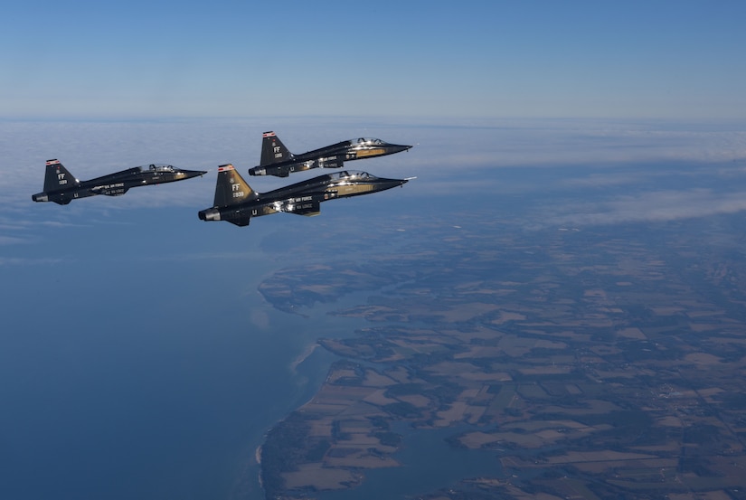 Pilots assigned to the 71st Fighter Training Squadron and the 192nd Fighter Wing fly T-38 Talons over the Atlantic Ocean, Jan. 24, 2018. The two-seat jet has a top speed of 858 miles per hour. As the world's first supersonic trainer, the T-38 first flew in 1959 and continues to be used to this day. (U.S. Air Force Photo by Staff Sgt. Carlin Leslie)