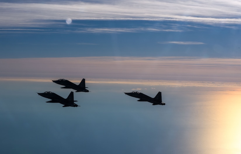 Pilots assigned to the 71st Fighter Training Squadron and the 192nd Fighter Wing fly T-38 Talons over the Atlantic Ocean, Jan. 24, 2018. The two-seat jet has a top speed of 858 miles per hour. As the world's first supersonic trainer, the T-38 first flew in 1959 and continues to be used to this day. (U.S. Air Force Photo by Staff Sgt. Carlin Leslie)