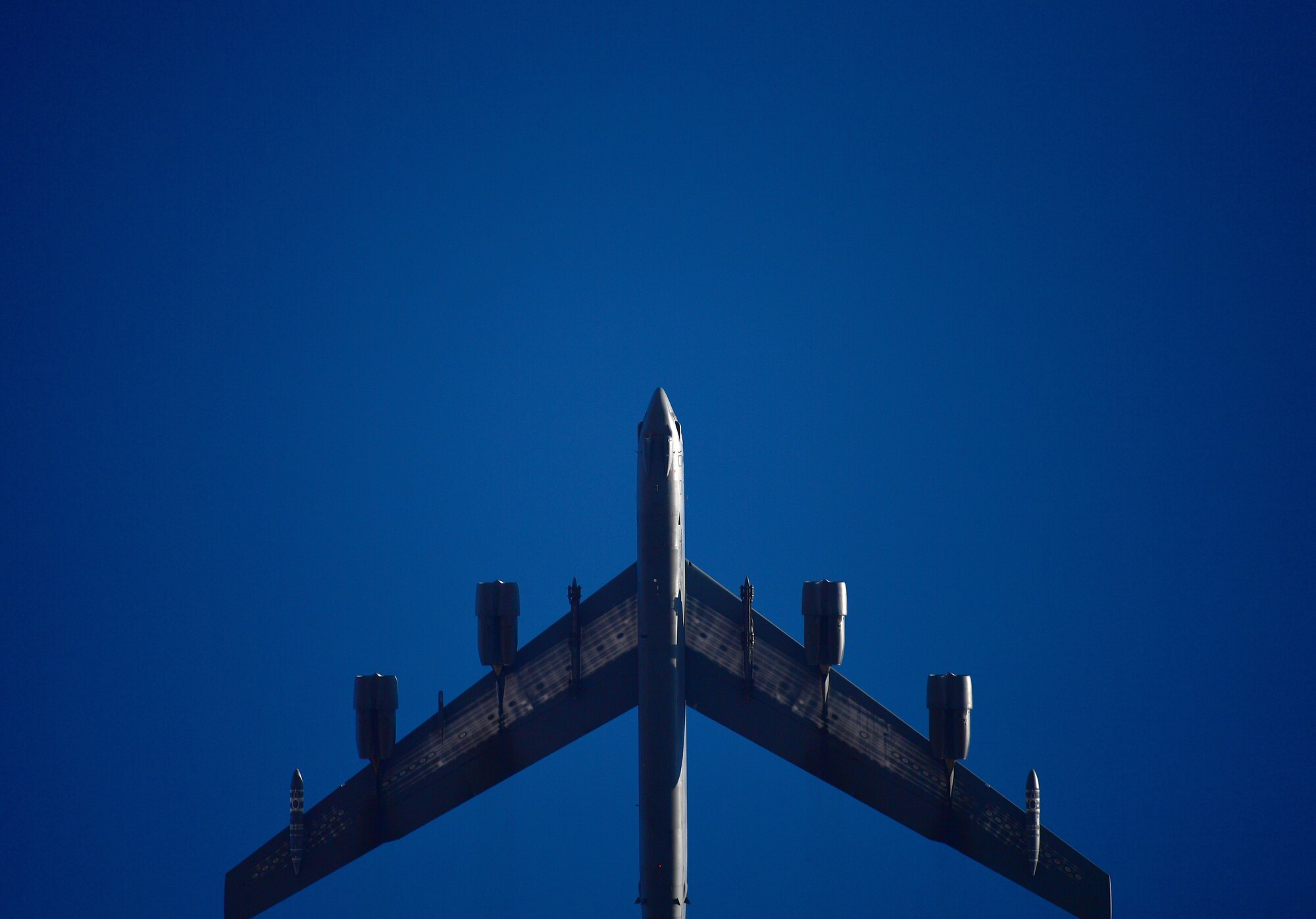 A B-52H Stratofortress flies over Minot Air Force Base, N.D., Jan. 30, 2018. This bomber, along with three others, recently deployed to Europe to exercise a state of readiness at RAF Fairford, United Kingdom. (U.S. Air Force photo by Tech. Sgt. Jarad A. Denton)