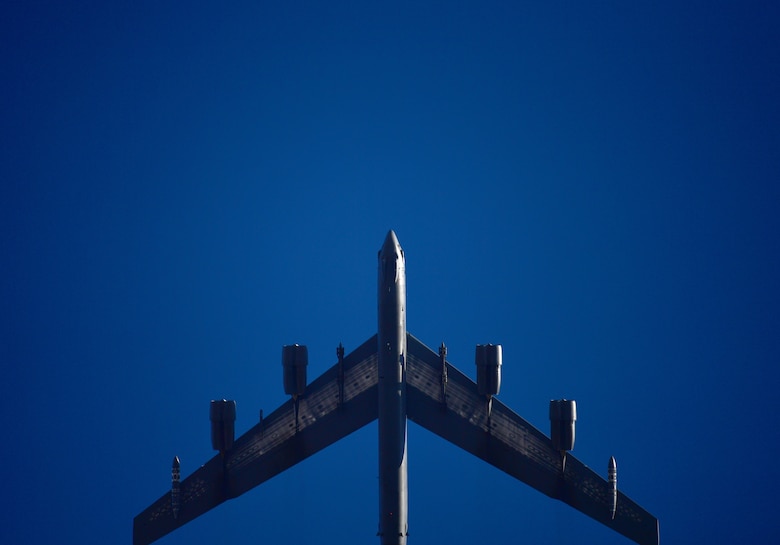 A B-52H Stratofortress flies over Minot Air Force Base, N.D., Jan. 30, 2018. This bomber, along with three others, recently deployed to Europe to exercise a state of readiness at RAF Fairford, United Kingdom. (U.S. Air Force photo by Tech. Sgt. Jarad A. Denton)