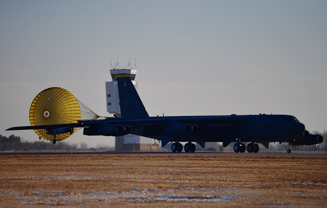 A B-52H Stratofortress deploys its drogue parachute after landing at Minot Air Force Base, N.D., Jan. 30, 2018. A drogue parachute is designed to provide control, stability and slow rapidly-moving objects. (U.S. Air Force photo by Tech. Sgt. Jarad A. Denton)