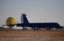 A B-52H Stratofortress deploys its drogue parachute after landing at Minot Air Force Base, N.D., Jan. 30, 2018. A drogue parachute is designed to provide control, stability and slow rapidly-moving objects. (U.S. Air Force photo by Tech. Sgt. Jarad A. Denton)