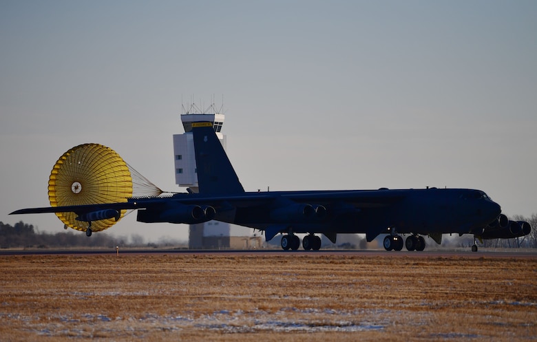 A B-52H Stratofortress deploys its drogue parachute after landing at Minot Air Force Base, N.D., Jan. 30, 2018. A drogue parachute is designed to provide control, stability and slow rapidly-moving objects. (U.S. Air Force photo by Tech. Sgt. Jarad A. Denton)