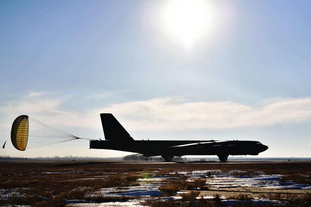 A B-52H Stratofortress deploys its drogue parachute after landing at Minot Air Force Base, N.D., Jan. 30, 2018. A drogue parachute is designed to provide control, stability and slow rapidly-moving objects. (U.S. Air Force photo by Tech. Sgt. Jarad A. Denton)