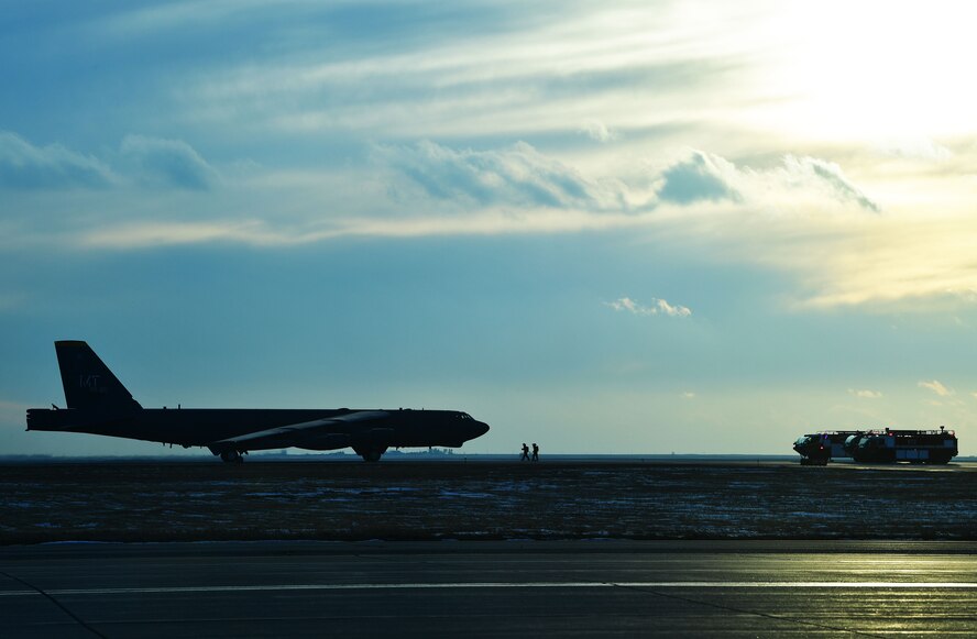 A B-52H Stratofortress sits on the flight line at Minot Air Force Base, N.D., Jan. 30, 2018. The aircraft returned from a deployment to the United Kingdom, where it, along with three others, conducted theater integration and flying training. (U.S. Air Force photo by Tech. Sgt. Jarad A. Denton)