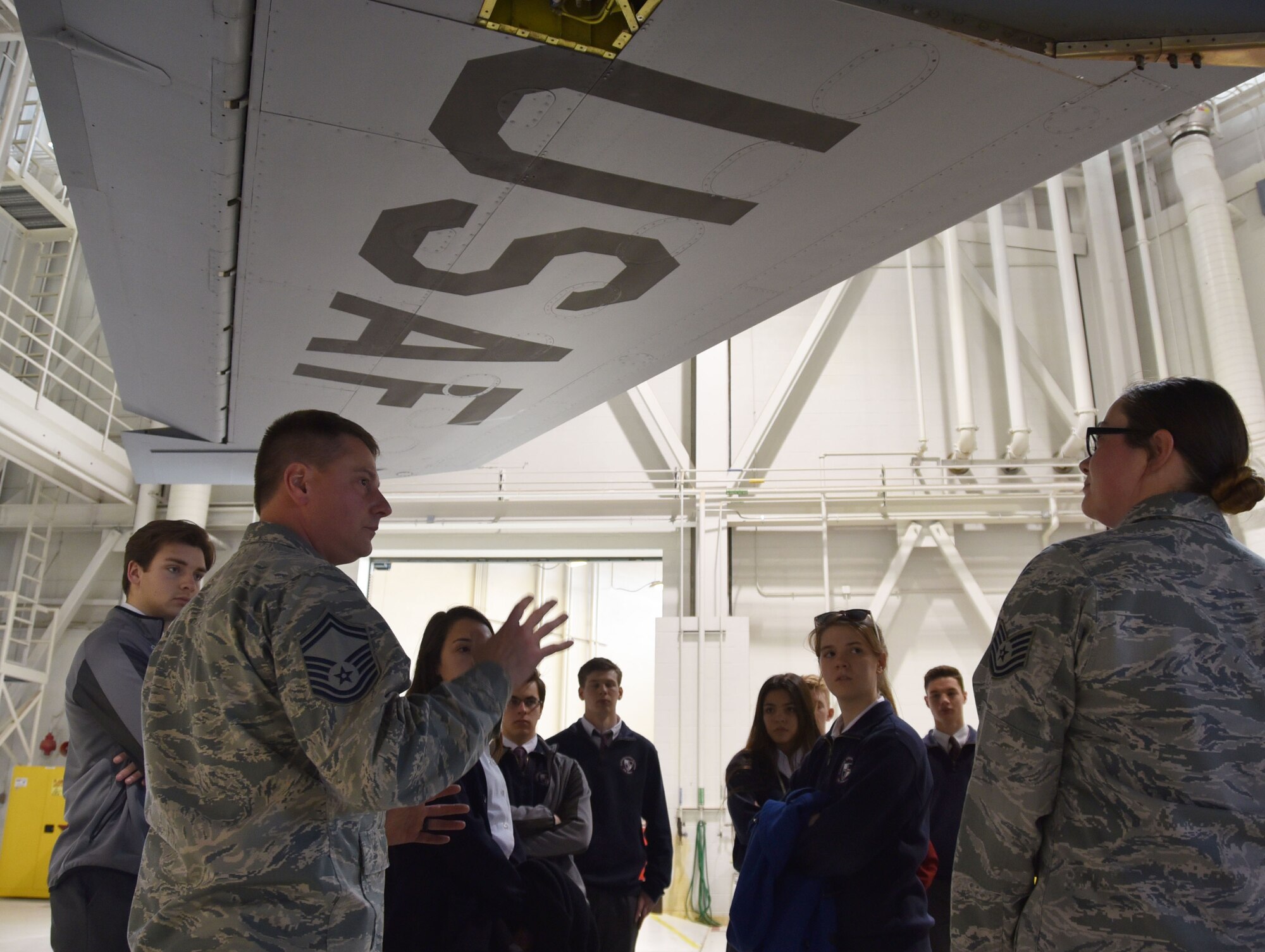 Eleven students from the Classical School of Wichita toured Team McConnell Jan. 30, 2018.  While here, the students learned about the missions of the 22nd Air Refueling Wing, 931st Air Refueling Wing and 184th Intelligence Wing.  The students also viewed a  KC-135 Stratotanker Periodic Inspection performed by the  931st Maintenance Group at Hangar 10.  PEs are one of the most thorough and time-consuming inspections conducted on an aircraft. It is conducted every1,800 flight hours.