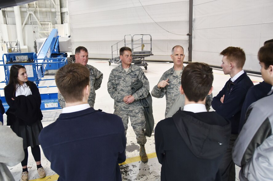 Eleven students from the Classical School of Wichita toured Team McConnell Jan. 30, 2018.  While here, the students learned about the missions of the 22nd Air Refueling Wing, 931st Air Refueling Wing and 184th Intelligence Wing.  The students also viewed a  KC-135 Stratotanker Periodic Inspection performed by the  931st Maintenance Group at Hangar 10.  PEs are one of the most thorough and time-consuming inspections conducted on an aircraft. It is conducted every1,800 flight hours.