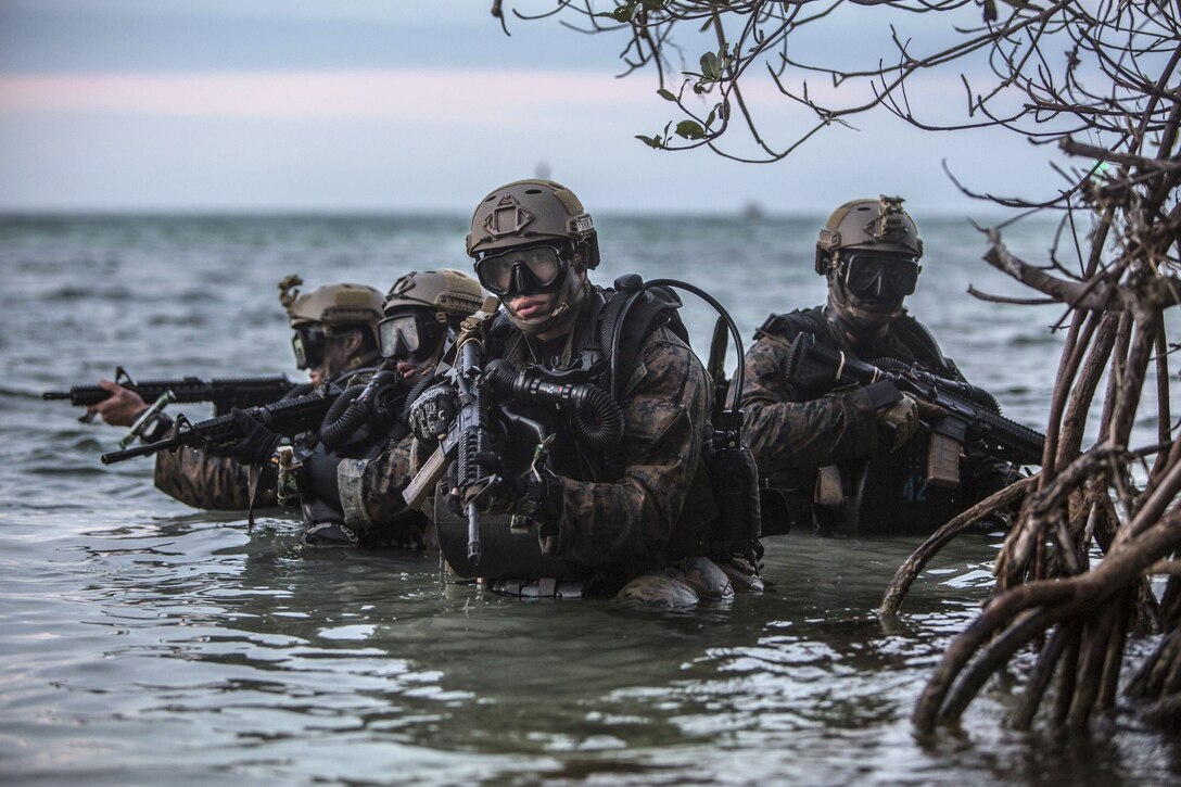 Four Marines standing in waist-deep water by a mangrove tree aim weapons in different directions.