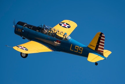 A BT-13 Valiant performs an aerial display during the Heritage Flight demonstration at the Arctic Thunder Open House on Joint Base Elmendorf-Richardson, Alaska, July 1, 2018. During the biennial open house, JBER opens its gates to the public and hosts multiple performers including the U.S. Air Force Thunderbirds, JBER Joint Forces Demonstration and the U.S. Air Force F-22 Raptor Demonstration Team.