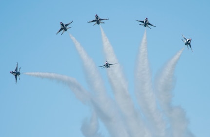 The U.S. Air Force Thunderbirds perform during the Arctic Thunder Open House at Joint Base Elmendorf-Richardson, Alaska, July 1, 2018. During the biennial open house, JBER opens its gates to the public and hosts multiple performers including the U.S. Air Force Thunderbirds, JBER Joint Forces Demonstration and the U.S. Air Force F-22 Raptor Demonstration Team.