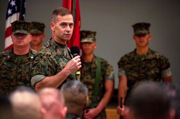 Brig. Gen. Keith D. Reventlow, commanding general of 3rd Marine Logistics Group, addresses the audience during the regimental change of command ceremony July 2, 2018 at Camp Kinser, Okinawa, Japan. Lt. Col. Kenric D. Stevenson assumed command of Combat Logistics Regiment 35 in May 2018 and was succeeded by Col. Joon H. Um. Reventlow is a native of Newtown, Connecticut. Stevenson is a native of DeRidder, Louisiana. (U.S. Marine Corps photo by Cpl. Joshua S. Pinkney)