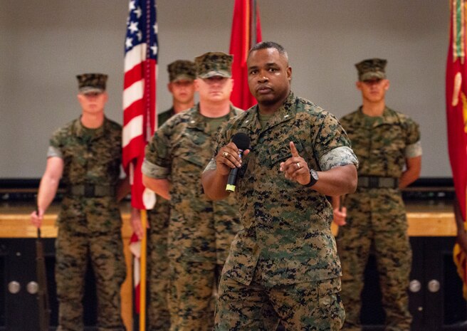 Lt. Col. Kenric D. Stevenson, former commanding officer of Combat Logistics Regiment 35, thanks the Marines of CLR-35 for their efforts during the regimental change of command ceremony July 2, 2018 on Camp Kinser, Okinawa, Japan. Stevenson relinquished command of CLR-35 to Col. Joon H. Um. Stevenson is a native of DeRidder, Louisiana. (U.S. Marine Corps photo by Cpl. Joshua S. Pinkney)