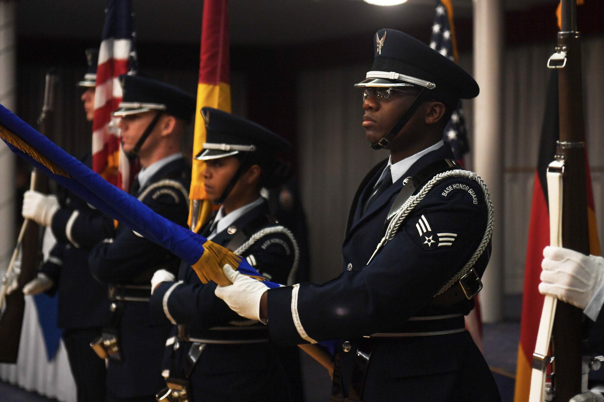 Senior Airman Pascal Nyowatchon, 435th Air Ground Operations Wing, performs a ceremonial Honor Guard drill on Ramstien Air Base, Germany, February 15th, 2018.