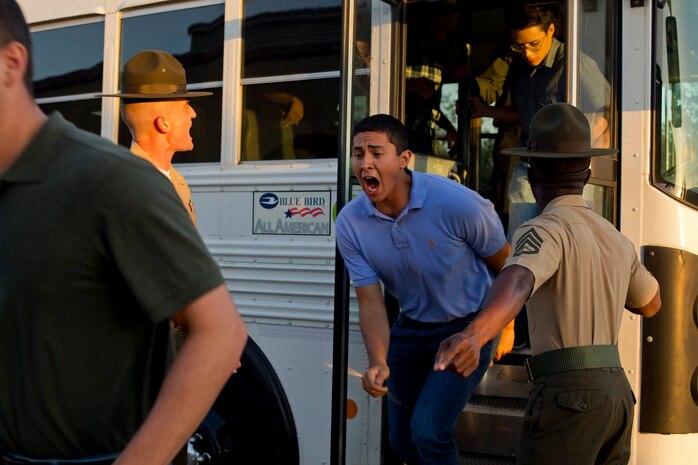 New recruits with Delta Company, 1st Recruit Training Battalion, are welcomed to Marine Corps Recruit Depot San Diego, June 25.