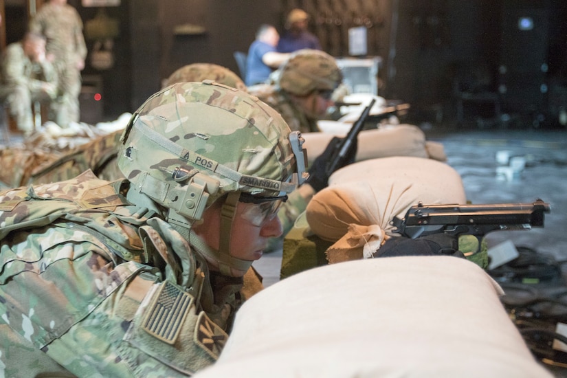 U. S Army Staff Sgt. Steven Smarrito, assigned as a fire direction center platoon sergeant for 1st Battalion, 62nd Air Defense Artillery Regiment, fires the M9 pistol at the Engagement Skills Trainer during U.S. Army Central's 2018 Best Warrior Competition at Camp Buehring, Kuwait, June 29, 2018. Weapon proficiency is an important part of being lethal on the battlefield.