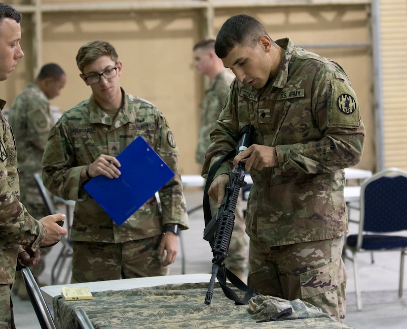U.S. Army Spc. Alexander Dillon, a military policeman assigned to the 202nd Military Police Company, attached to U.S. Army Central, performs a functions check on an M4 carbine during Warrior Skills testing at USARCENT's Best Warrior Competition at Camp Arifjan, Kuwait, June 28, 2018. It is essential for all Soldiers to be well versed in the function and care of their weapons so they will remain lethal in a deployed environment.