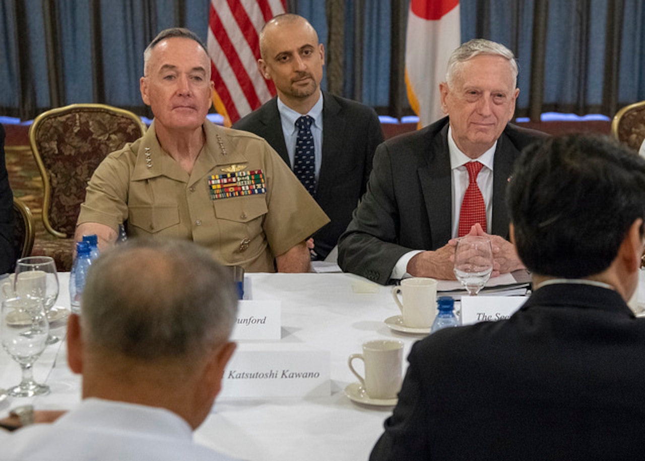 Defense Secretary James N. Mattis, and Marine Corps Gen. Joe Dunford, chairman of the Joint Chiefs of Staff, meet Japanese Defense Minister Itsunori Onodera, and Japanese Adm. Katsutoshi Kawano, chairman of the Japan Self-Defense Force Joint Chiefs of Staff, during a bilateral meeting at Joint Base Pearl Harbor-Hickam, Hawaii, May 29, 2018. DoD photo by Navy Petty Officer 1st Class Dominique Pineiro