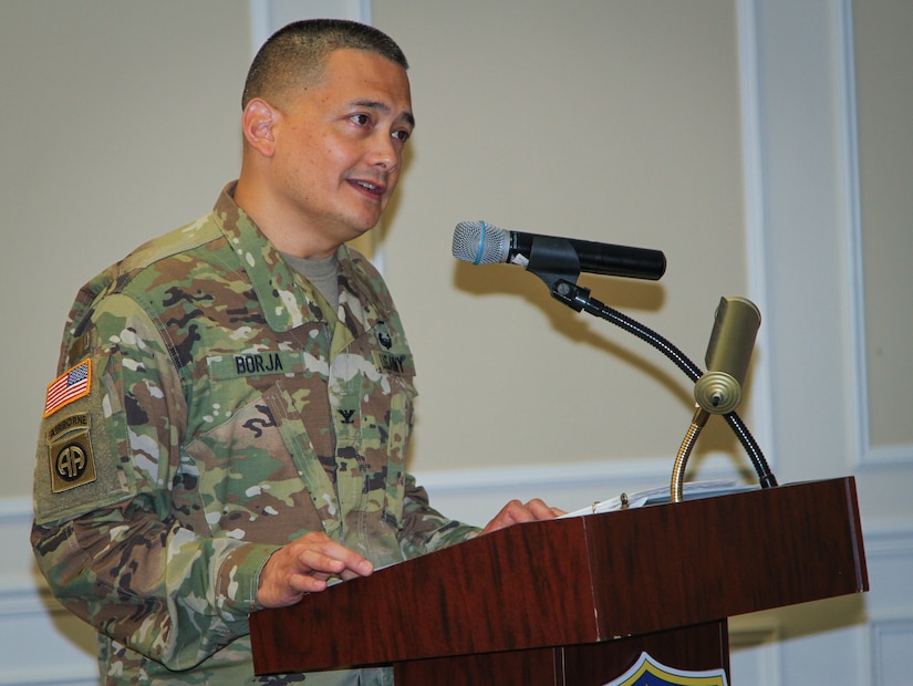 Col. Ralph T. Borja, incoming commander of the 408th Contracting Support Brigade, shares his remarks during a change-of-command ceremony at the Carolina Skies Club and Conference Center at Shaw Air Force Base, South Carolina, June 22, 2018.