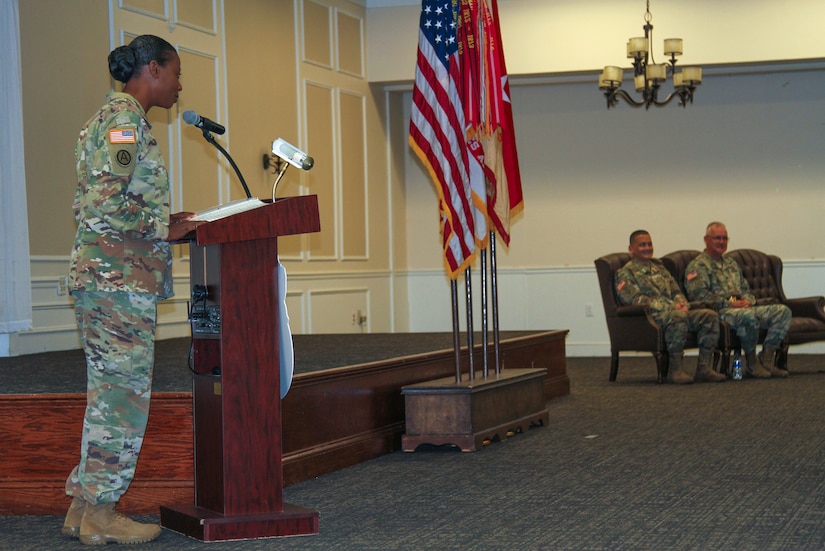 Col. Kim M. Thomas, outgoing commander of the 408th Contracting Support Brigade, shares her remarks during a change-of-command ceremony at the Carolina Skies Club and Conference Center at Shaw Air Force Base, South Carolina, June 22, 2018.
