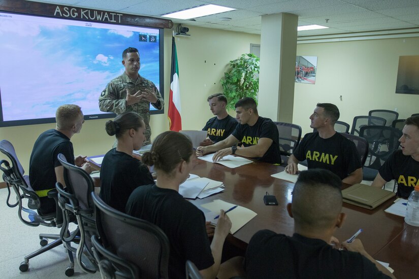 U.S. Army Staff Sgt. Rocky Vires briefs Soldiers who will be competing in the 2018 U.S. Army Central Best Warrior Competition during in processing at Camp Arifjan, Kuwait, June 27, 2018. The best warrior competition is held to promote morale and cohesion, and to reinforce the importance of individual excellence within the profession.