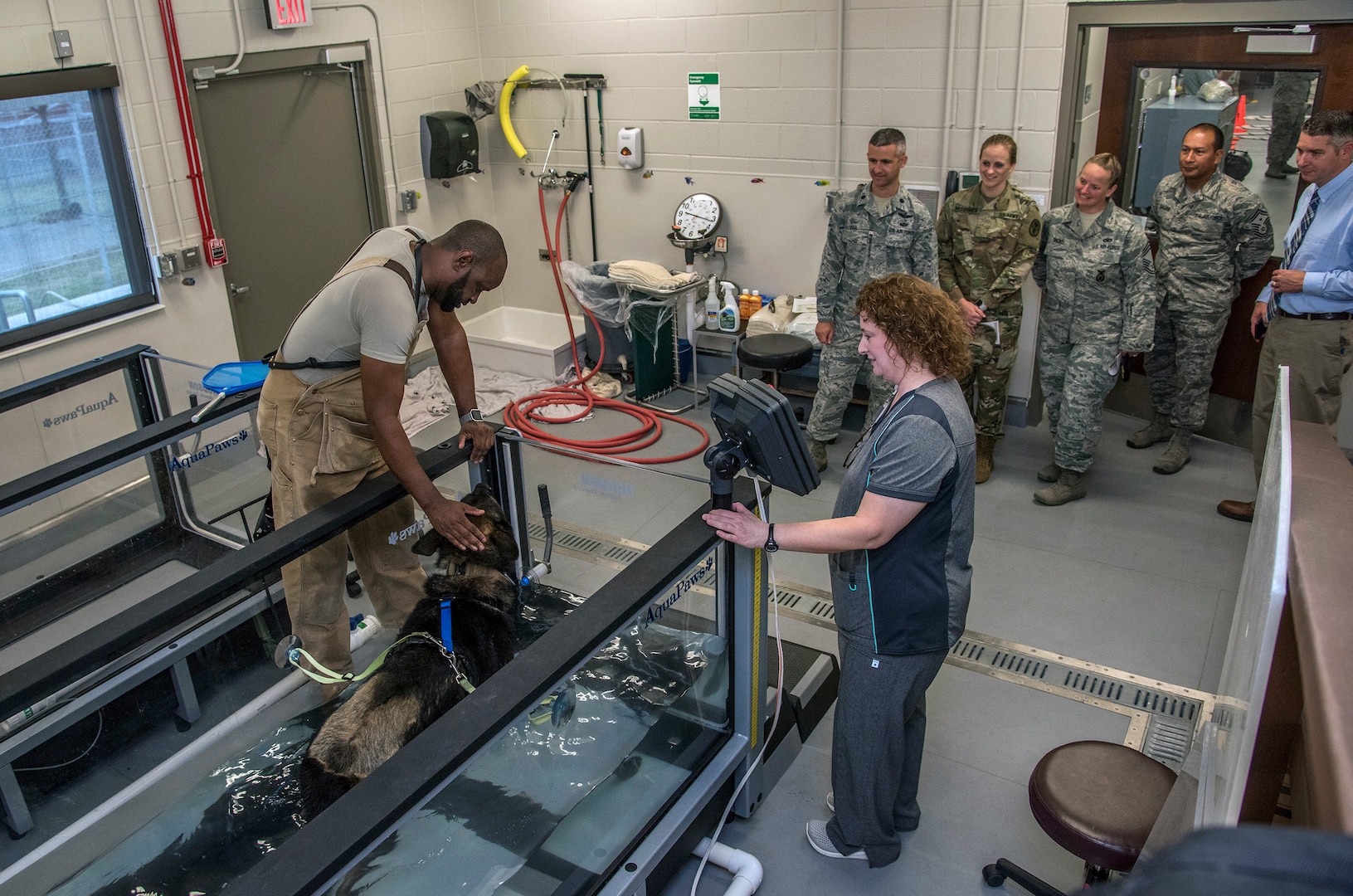 Visitors are given a demonstration of one of the underwater treadmills during a tour of the new Sports Medicine Rehabilitation Facility at the Lt. Col. Daniel E Holland Military Working Dog Hospital June 28. The new facility provides flooring and lighting more suited to protect post-operative patients and minimize their stress. It includes a quiet room, large exercise area and an aquatic therapy room.
