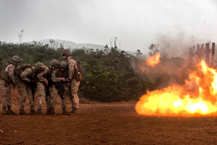 Marines in a line brace themselves as a charge detonates, creating a ball of fire.