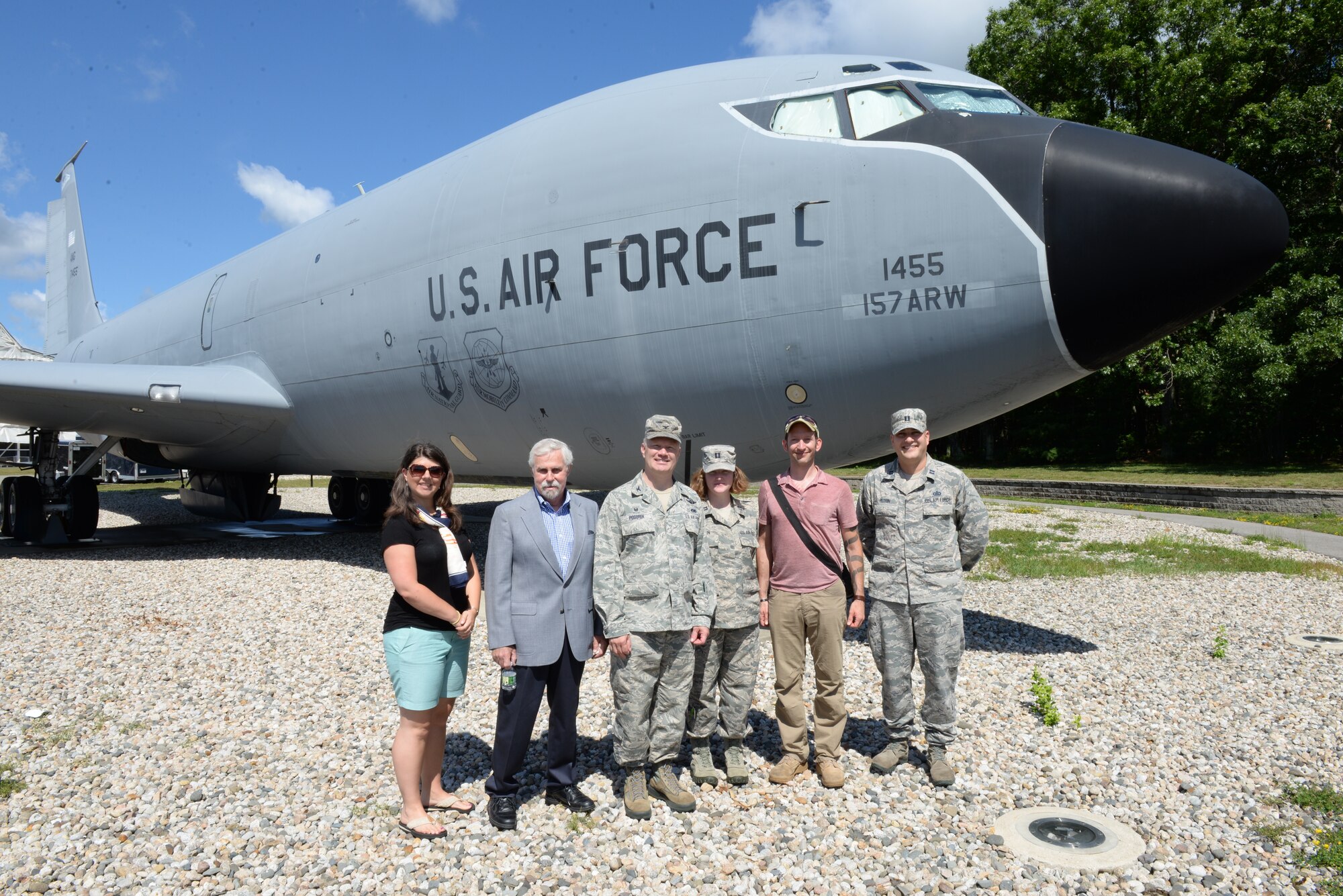 U.S. Air Force Col. John W. Pogorek, Left,  157th Air Refueling Wing commander, Capt. Megan C. Martin, Nurse, 157th Medical Group, Capt. Michael G. Petrin, 157th ARW executive officer, pose for a group photo with civic leaders Rebecca Perkins and Josh Denton, both Portsmouth City councilors, and Joseph Lovejoy, vice chair, Stratham Board of Selectmen. The civic leaders visited Pease to understand the mission of the 157th ARW, June 29, 2018.  (N.H. Air National Guard Photo by Master Sgt. Thomas Johnson)