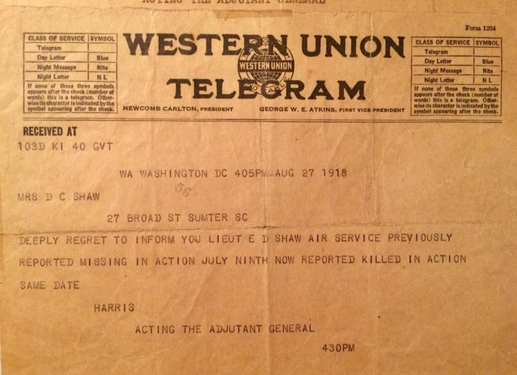 The family of Royal Canadian Air Force 1st Lt. Ervin David Shaw, 48th Squadron Bristol F2B Brisfit pilot, was notified of his death via a telegram on Aug. 27, 1918.