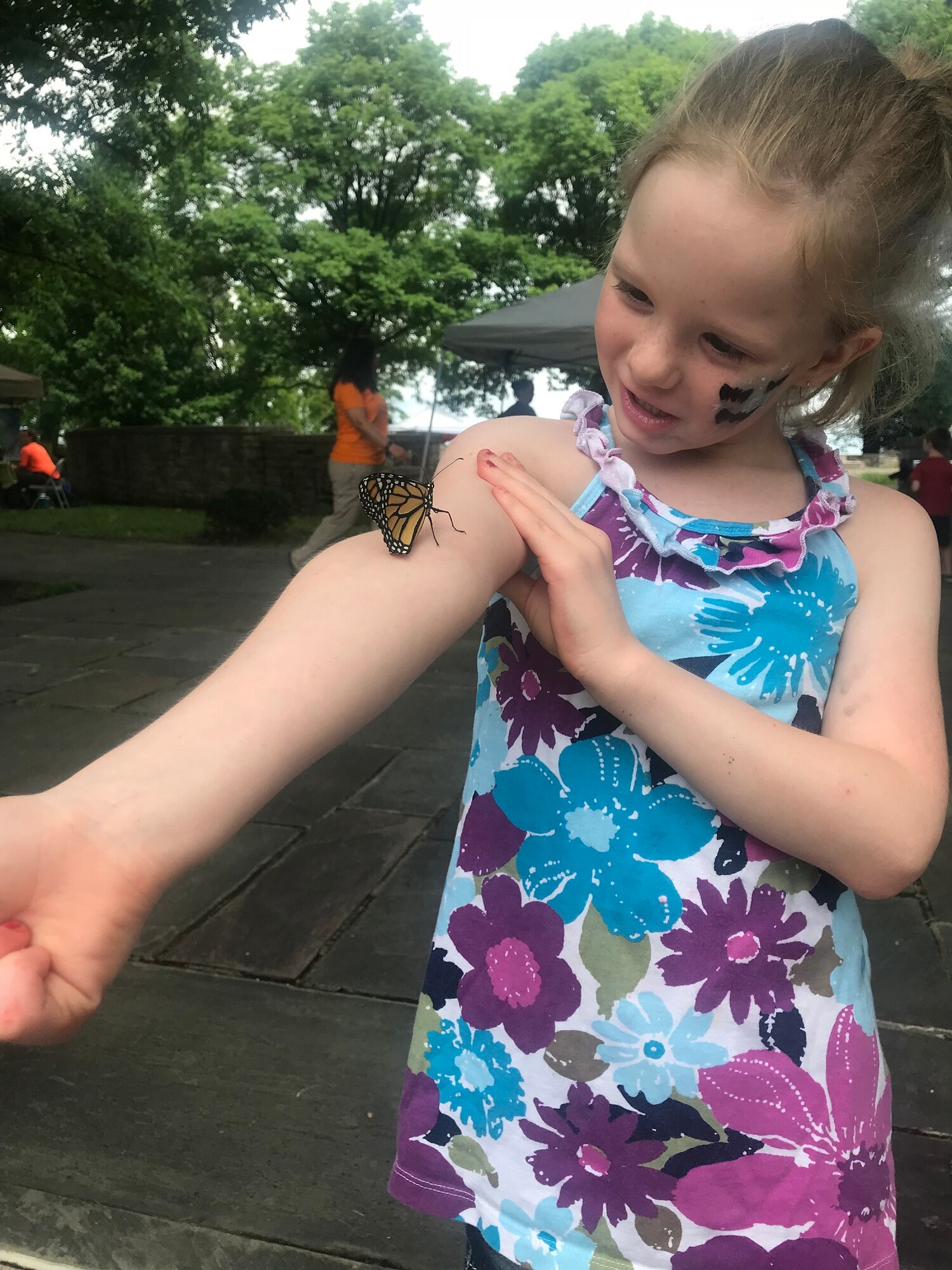 Breann Blankenship, 7, looks over a monarch butterfly on her arm while she waits for it to fly away during a monarch butterfly release at the Pollinator Expo June 20 at the Wright Brothers Memorial near Area B. Like bees, monarch butterflies are an important pollinator species that primarily due to habitat loss and fragmentation, have been facing a drastic decline in population. (U.S. Air Force photo/Stacey Geiger)