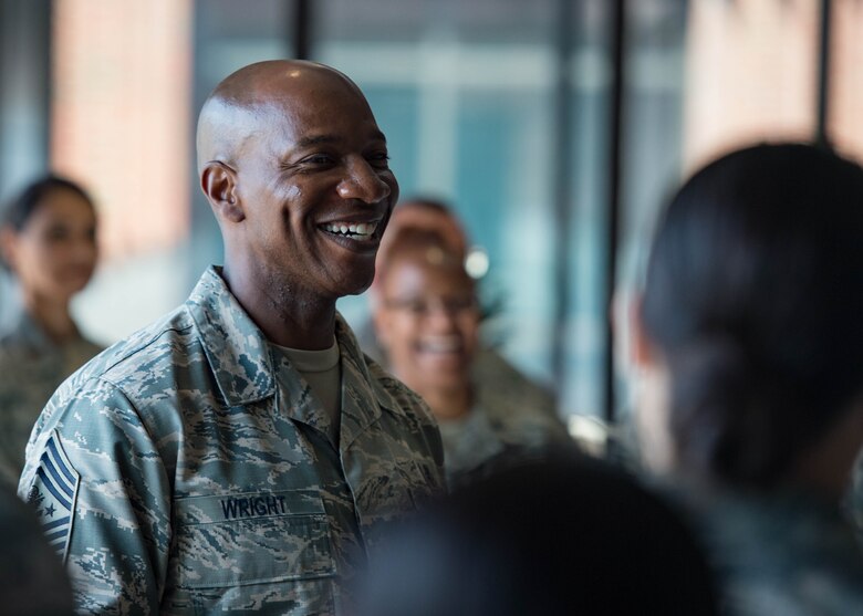 Chief Master Sgt. of the Air Force Kaleth O. Wright talks with Airmen of the 633rd Medical Group during his visit to Joint Base Langley-Eustis, Virginia, June 29, 2018. Wright toured JBLE for two days seeing the day-to-day operations of the different wings and units here. (U.S. Air Force photo by Airman 1st Class Anthony Nin-Leclerec)