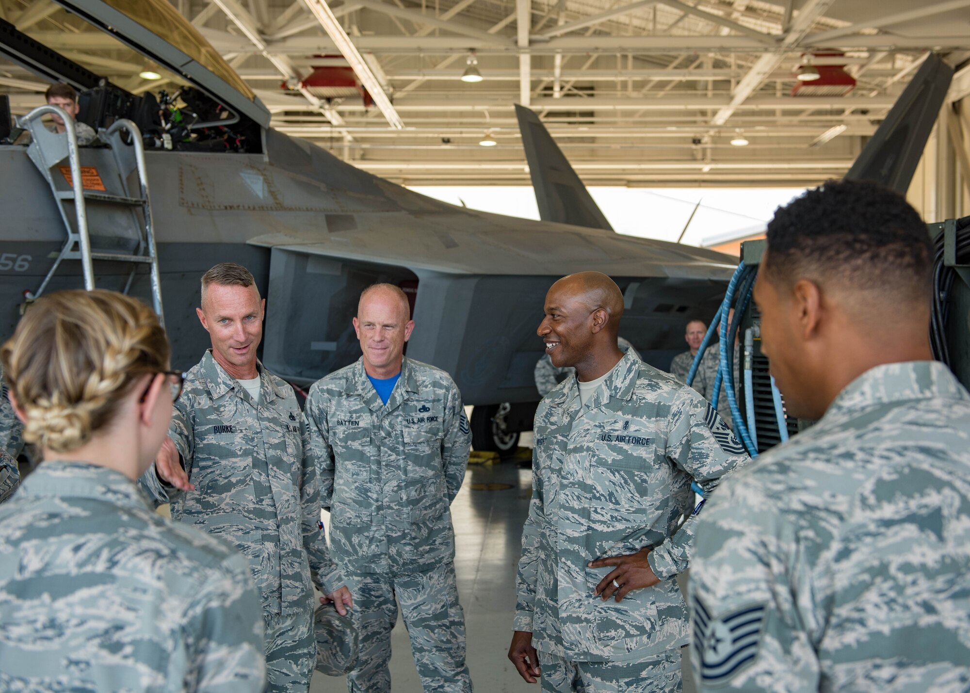 Air Combat Command and 1st Fighter Wing senior leaders introduce outstanding Airmen from their unit to Chief Master Sgt. of the Air Force Kaleth O. Wright during his visit to Joint Base Langley-Eustis, Virginia, June 29, 2018. Wright toured JBLE for two days seeing the day-to-day operations of the different wings and units here. (U.S. Air Force photo by Airman 1st Class Anthony Nin-Leclerec)