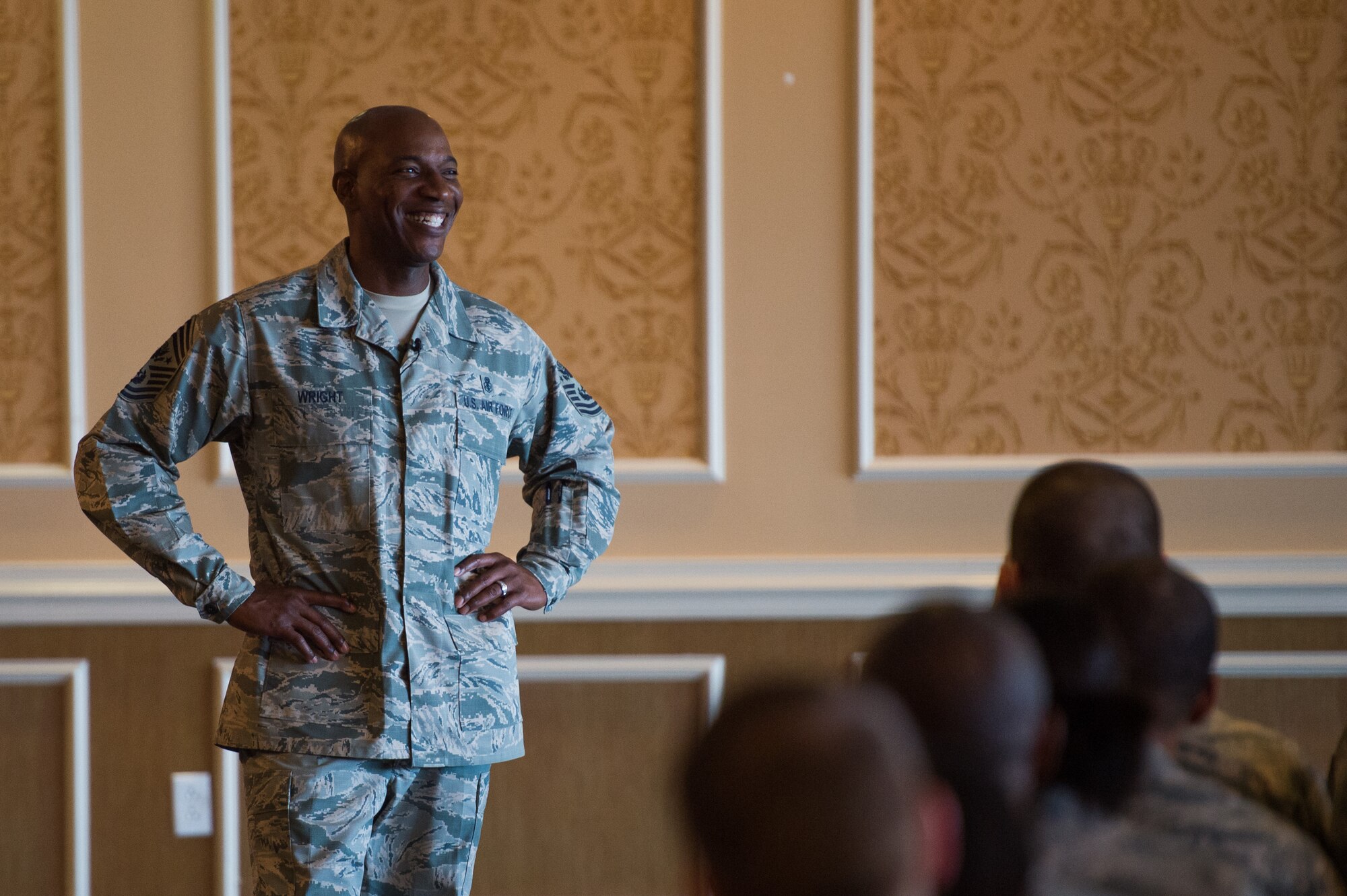 Chief Master Sgt. of the Air Force Kaleth O. Wright speaks to the enlisted Airmen at Joint Base Langley-Eustis, Va. June 28, 2018. During the all call he talked about his three initiatives, answered questions and ended it with a meet-and-greet. (U.S. Air Force photo by Master Sgt. Benjamin Wilson)