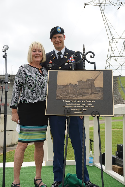 Harriett Priest, daughter of the late Congressman J. Percy Priest, and Maj. Justin Toole, U.S. Army Corps of Engineers Nashville District deputy commander, unveil a commemorative plaque during the 50th Anniversary of J. Percy Priest Dam and Reservoir at the dam in Nashville, Tenn., June 29, 2018. (USACE Photo by Mark Rankin)